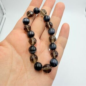 Vintage Black Cat’s Eye and Smoky Faceted Quartz Bead Stretch Bracelet